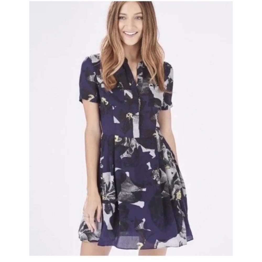 Parker Kelby Navy Floral Short Sleeve Silk Dress Small S Fit Flare
